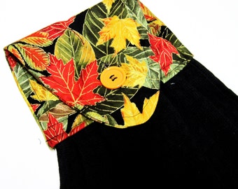 Hanging kitchen towel  button top  black hand towel bright leaves