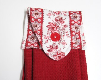 Hanging kitchen towel  button top  floral stripe red towel