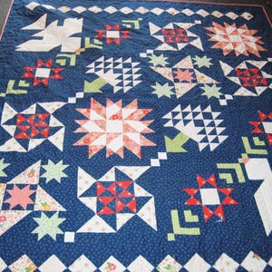 Large Throw  quilt patchwork sofa lap blanket geometric  accent  handmade 66 X 79