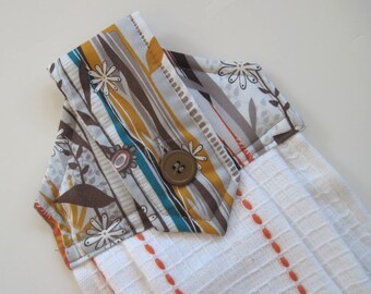 Hanging kitchen towel button top Modern Abstract floral brown rust Quiltsy handmade