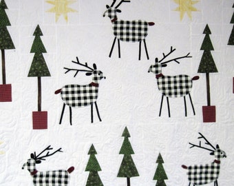 Throw lap quilt blanket Buffalo check Reindeer in the trees 60 X 74