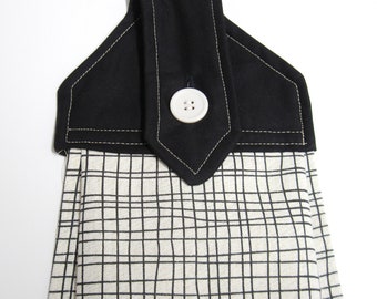 Hanging kitchen towel  button top hand towel beige and  black  check modern towel