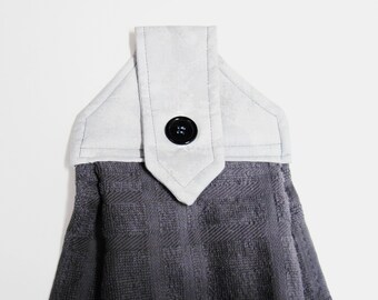 Hanging kitchen towel  button top modern contemporary dark gray towel