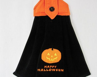 Happy Halloween Hanging kitchen towel  button top Jack O Lantern