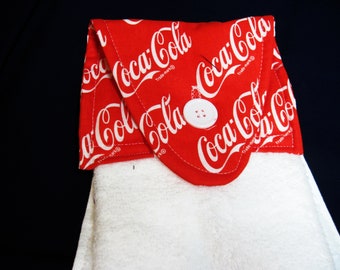 Coca Cola  hand towel  button top hanging white towel