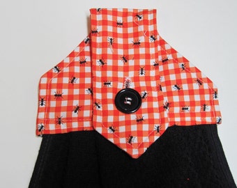 Novelty Hanging kitchen Hand towel button top  red gingham check with ants black cotton towel