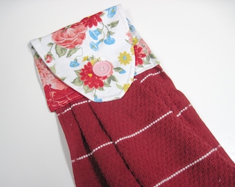 Hanging kitchen towel hand towel  button top Pioneer Woman fabric red cotton towel.