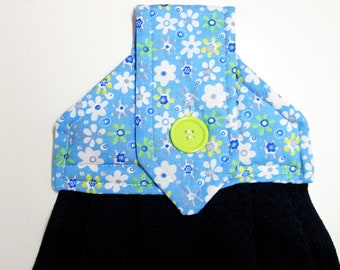 Hanging kitchen hand towel  button top blue floral top cotton towel