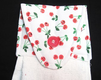 Hanging kitchen hand  towel button top red cherries white with  red towel