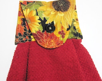 Hanging kitchen towel  button top  sunflowers dark red cotton hand  towel