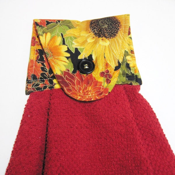 Hanging kitchen towel  button top  sunflowers dark red cotton hand  towel