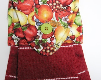 Hanging kitchen towel button top mixed fruit cotton brick red cotton towel