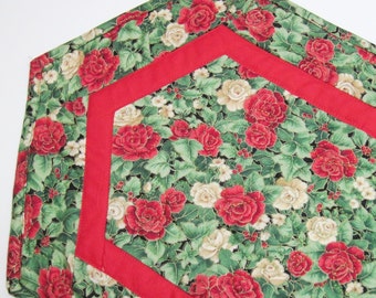 Quilted Table Runner  red  white green flowers winter Christmas roses