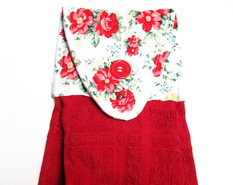 Hanging kitchen towel hand towel  button top Pioneer Woman vintage floral fabric red cotton towel.