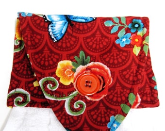 Hanging kitchen towel  button top red floral butterflies roses