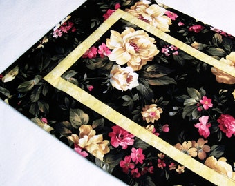 Quilted Table Runner yellow and  pink roses on black