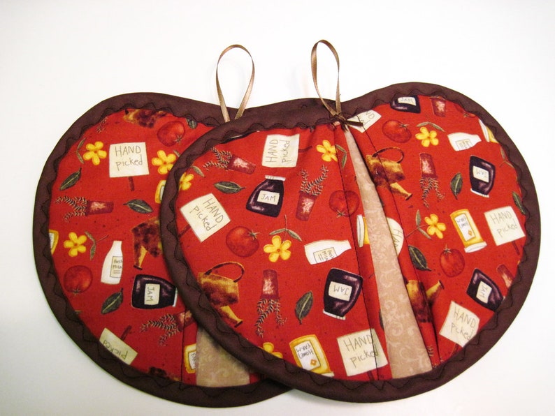 Hot pad potholder set pot pincher farm market Hand Picked Fruit brown rust Jam