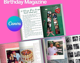 May include: A customized birthday magazine with photos and text. The magazine features a green locker-style page with photos, a page with a cake, and a page with a couple. The text reads "Customize Your Birthday Magazine" and "Canva".
