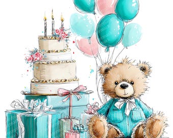 17 imágenes prediseñadas de ositos de peluche para cumpleaños, PNG de alta calidad, imágenes prediseñadas imprimibles, descarga instantánea, acuarela imprimible, manualidades con papel, álbumes de recortes