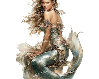 15 imágenes prediseñadas de sirena, PNG de alta calidad, imágenes prediseñadas imprimibles, descarga instantánea, acuarela imprimible, manualidades de papel, revistas basura