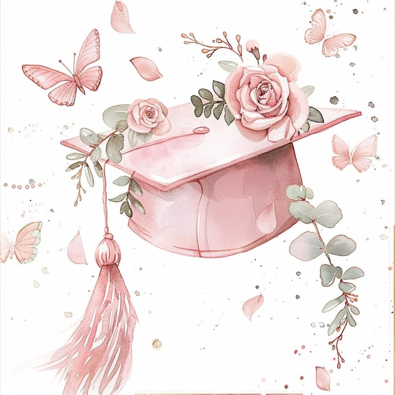 20 Pink Graduation Cap Clipart, Printable Watercolor, High-quality Jpgs ...