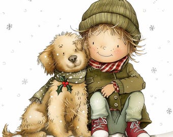 16 Winter Boy and Dog Clipart, High Quality JPGs, Printable Watercolor clipart, Digital download, Paper craft, junk journals