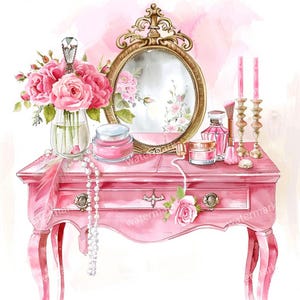 May include: A pink vanity table with a gold-framed mirror, a bouquet of pink roses in a glass vase, and various beauty products. A string of pearls and a pink feather add to the feminine aesthetic. The overall theme is vintage and romantic.