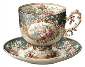 20 Antique Rococo Teacup Clipart, High Quality JPG/PNGs, Printable Clipart, Digital download Paper craft, Junk Journals Planner Stickers