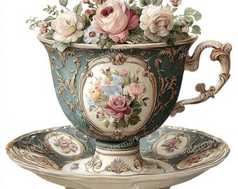 20 imágenes prediseñadas de tazas de té rococó antiguas, PNG de alta calidad, imágenes prediseñadas imprimibles, descarga digital, manualidades en papel, pegatinas para agendas y diarios creativos.