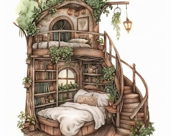 20 Fairy Treehouse Interior Clipart,High Quality JPGs, Printable Watercolor clipart, Digital download, Paper craft, junk journals