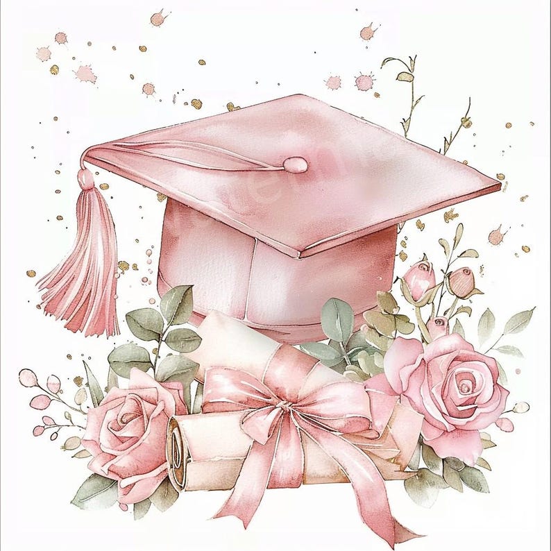 20 Pink Graduation Cap Clipart, Printable Watercolor, High-quality Jpgs ...