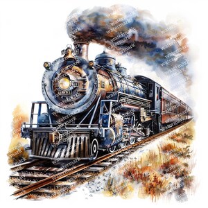 Op de afbeelding: Waterverfschilderij van een vintage stoomtrein, met een zwarte en bronzen locomotief met een prominente koplamp en opstijgende rook. De trein staat op een spoor, met een passagierswagen zichtbaar. Het kunstwerk heeft een vintage esthetiek.