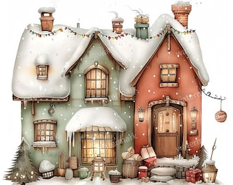 15  Magical Winter House Clipart, High Quality JPGs, Printable Watercolor clipart, Digital download, Paper craft, junk journals
