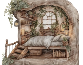 20 imágenes prediseñadas de interiores de casas de hadas en árboles, PNG de alta calidad, imágenes prediseñadas de acuarela imprimibles, descarga digital, manualidades con papel, diarios de recortes.