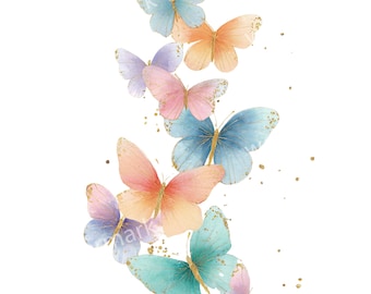 20 mariposas coloridas, mariposa dorada, arte mural, acuarela, PNG de alta calidad, descarga digital, diario basura de papel