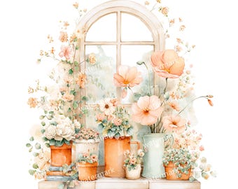 20 imágenes prediseñadas de ventanas florales, PNG de alta calidad, imágenes prediseñadas imprimibles, descarga instantánea, acuarela imprimible, manualidades de papel, revistas basura