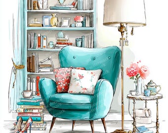 20 imágenes prediseñadas de habitaciones elegantes, JPG de alta calidad, imágenes prediseñadas imprimibles, descarga instantánea, acuarela imprimible, manualidades con papel, diarios de recortes