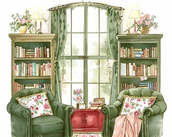 20 Cozy Vintage Reading Room Clipart, High Quality JPGs, Printable Watercolor clipart, Digital download, Paper craft, junk journals