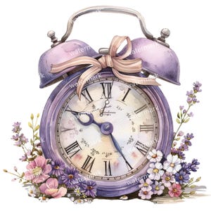 May include: A watercolour illustration of a vintage lilac alarm clock with a cream face and black Roman numerals. A pale pink bow is tied at the top, and the clock is surrounded by colourful flowers.