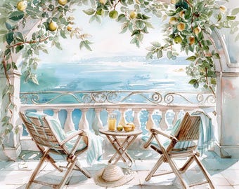15 Mediterranean Morning Terrace, Balcony, Printable Watercolor clipart, High Quality JPGs, Digital download, Paper craft, junk journals