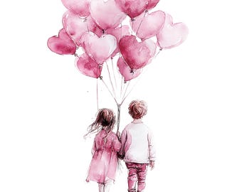 20 Children with Heart Balloons Clipart, High Quality PNGs, Printable Watercolor clipart, Digital download, Paper craft, junk journals
