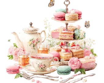 20 imágenes prediseñadas de fiesta de té, PNG de alta calidad, imágenes prediseñadas de acuarela imprimibles, descarga digital, manualidades en papel, pegatinas para agendas y diarios creativos.