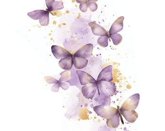 18 imágenes prediseñadas de mariposas moradas, mariposa dorada, arte de pared, imágenes prediseñadas de acuarela, JPG de alta calidad, descarga digital, diario de manualidades en papel
