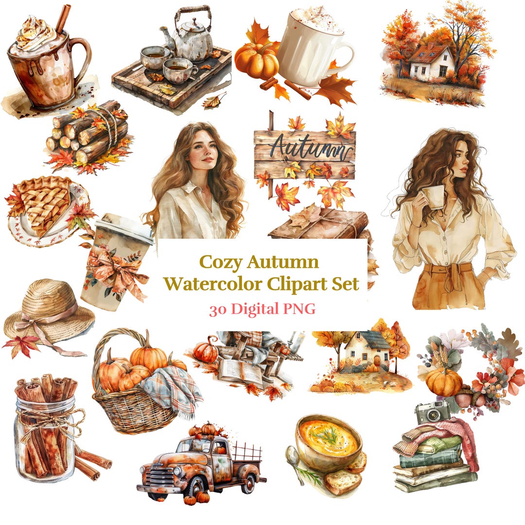 Cozy Autumn Watercolor Clipart Set | Fall Aesthetic PNG Bundle | Warm ...