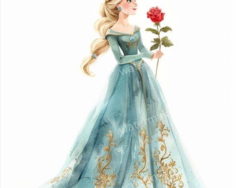 12 Princess Clipart, High Quality PNGs, Printable Watercolor clipart, Digital download, Paper craft, Junk Journals