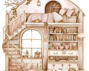 20 Treehouse Interior Fairy Clipart, High Quality JPG/PNGs, Printable Watercolor clipart, Digital download, Paper craft, junk journals