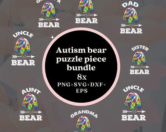 Pacchetto SVG di pezzi di puzzle a forma di orso autistico, 8 file png, svg, dxf, eps (download digitale)
