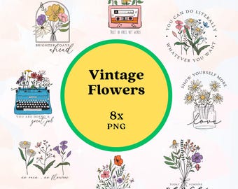 Pacchetto di immagini PNG di fiori vintage, clipart botaniche, file PNG floreali, sublimazione, download immediato