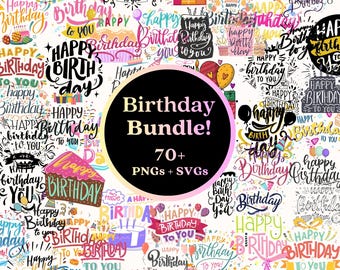 Pacchetto di tipografia di compleanno SVG PNG / Disegni di buon compleanno scritti a mano / File di taglio digitali