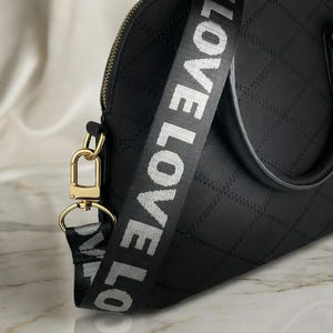 Black LOVE Bag Strap – Silver Letters, Adjustable Shoulder to Cross Body Length
